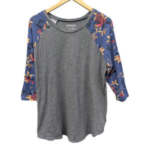 Torrid 1X Jersey Slub Knit blue Floral sleeve comfortable casual grey gray